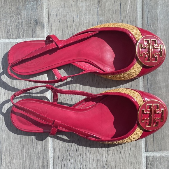 Tory Burch Orchid Pink Patent Leather/Tan Woven Straw Slingback Ballet Flats - Picture 2 of 5